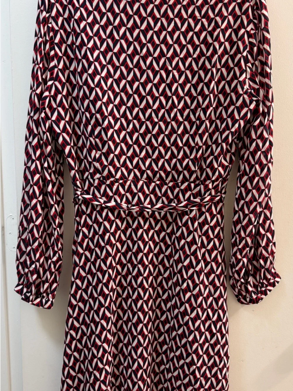 Banana Republic NWT Faux Wrap Midi Dress Size 12 Geometric Red Navy White Lined - Picture 9 of 14